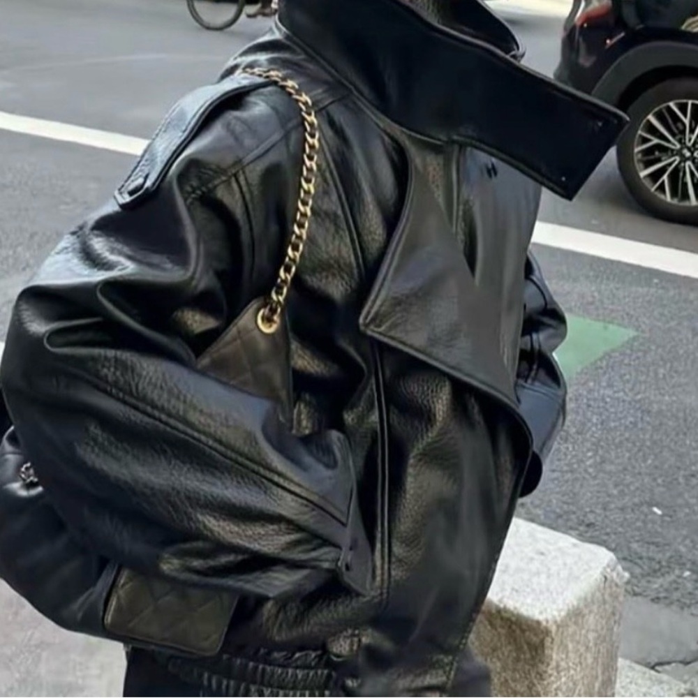 Zara Glossy Black Leather Jacket with Chain Detail